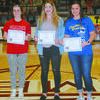 AWARDED: Players receiving academic scholarships from the Stephens County Athletic Association were: (from left) Jordyn Morris, Comanche; Emily Ely, Velma-Alma; and Madison Kuntz, Central High. Not pictured is Brooke Morriston, Marlow.
