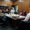 From left, county commissioner Todd Churchman, County Clerk Jenny Moore, Stephens County Purchasing Agent Kaylee Kaiser, CC Chairman Kreg Murphree
and CC Vice Chairman Russell Morgan sign paperwork during the regular Monday meeting, Jan. 30, 2023. Photo by Toni Hopper/The Marlow Review
