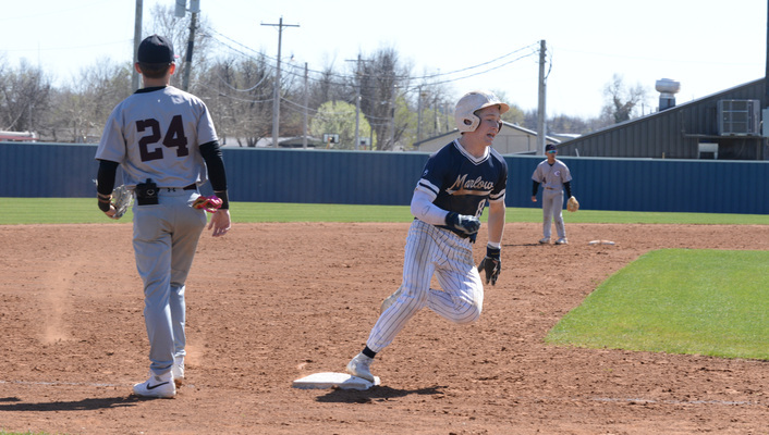 Marlow's Clint Ladon rounds 3rd base and heads for home during the Marlow home game against Clinton, Saturday, March 9. Marlow boys baseball won 8-0. Photo by Toni Hopper/The Marlow Review