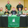 OVERSHINE SIGNING: Marlow’s Noah Overshine signed a baseball scholarship with Crowley’s Ridge College in Paragould, Ark. Pictured: (seated) Karsen Overshine (sister), Devin Overshine (sister), Noah Overshine, Keagan Overshine (brother), and Kendall Overshine (father); (standing) Brenden Camp (CRC head coach) and Tray Malone (CRC assistant coach).