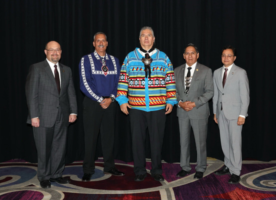 From left, Chickasaw Nation Lt. Governor Chris Anoatubby, Choctaw Nation Assistant Chief Jack Austin Jr., Seminole Nation of Oklahoma Chief Lewis Johnson, Muscogee Nation Principal Chief David Hill and Cherokee Nation Principal Chief Chuck Hoskin Jr., at the April 19 quarterly meeting of the Inter-Tribal Council (ITC) of the Five Civilized Tribes, hosted at the WinStar World Casino and Resort Convention Center.