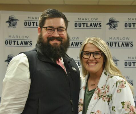 Quaid Kennan, pictured here with his wife Chelsea, was hired to be the next Ag educator for Marlow Public Schools at Monday’s School Board meeting. Kennan is a recent graduate from Oklahoma State University.

Photo by Elizabeth Pitts-Hibbard/The Marlow Review