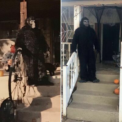 The gorilla costume on Halloween 1984 (left) and 2019 (right).