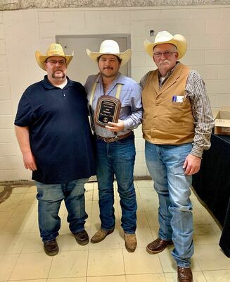 Preston Nunley (center), flanked by Josh Long and Kevin Kelly, accepted the Stephens County Livestock Growers Association Honorary Member award for 2020 on behalf of his late father, Steve Nunley.