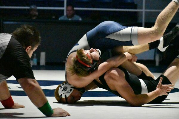 Zach Dawson in a recent Outlaw wrestling dual at the Marlow gym. Photo by Miranda Hance/The Marlow Review