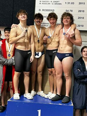 The Outlaw Swim Team of Gage DaVoult, Luke Banks, Logan Woods and Karsten Terrell were the 200 free relay Conference Champs at the area championship meet held Jan. 19 at Altus High School. DaVoult was also 1st in the 100 free event.