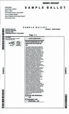 SAMPLE BALLOT 
Early voting for the March 7, Special Election began Thursday for voters across the state. All voters will have the opportunity to vote on State Question 820. The Stephens County Election Board reported that 184 voters cast ballots on Thursday, day one of early voting. SQ 820 gives registered Oklahoma voters the option of voting for or against making medical marijuana a recreational marijuana product in the state. A yes vote would allow for that, while a no vote would leave marijuana as a medical option only.