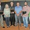 HONORED: 2016 Marlow Chamber of Commerce award winners on Monday night were: (from left) Citizen of the Year – George Coffman; Denise and Brian DiCintio of DiCintiio Pizza – Community Improvement Award; and Kenneth Glover, Justin Glover, and Melisha Glover of Glover Paint and Body Shop – Free Enterprise Award.