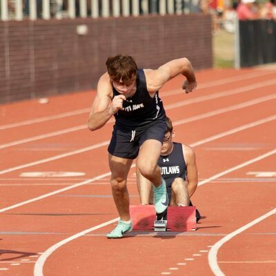 MHS Senior Case Rich, pictured above in a relay event, broke the Marlow school record in the 200m dash at Regionals on Saturday and will compete in four events at State this weekend. 

Photo courtesy of Shannon Sides McCord