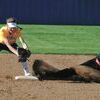 SLIDING IN SAFELY: Rush Springs’ Camryn Trusty reaches second base just before the tag of Central High’s Taylor Tugmon in the Lady Bronchos’ win on Tuesday.