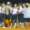 DISTRICT PLAY: Marlow coach Brian Miller talks to his team after their last summer league game of the night Tuesday. Miller is happy with the OSSAA’s decision to have a district schedule in softball this season.