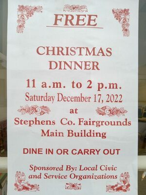 The free annual Stephens County Community Christmas Dinner is 11 a.m. to 2 p.m. Saturday, Dec. 17, in the main building at the Stephens County Fairgrounds in Duncan. This is the 34th year for the free dinner and anyone is welcome to dine in or carry out.