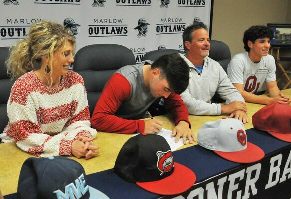 Brennan Morgan was joined by family as he signed a letter of intent to play baseball for the University of Oklahoma on Wednesday. The Marlow High School senior looks to join the Sooners as a pitcher and infielder.