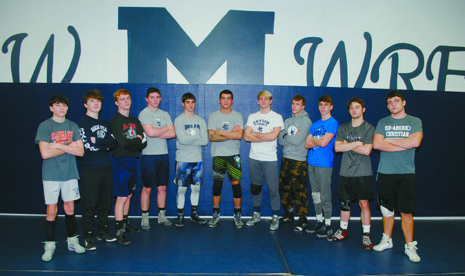 STATE QUALIFIERS: Marlow is sending 11 wrestlers to the state tournament this weekend. Pictured (from left): Case Rich, Kyle Davis, Bryson Hughes, Kyle Wilson, Kobey Kizarr, Tyler Lavey, Jayden Absher, Jordon Taylor, Tyler Lawson, Anthony Orum and Carson Moore.