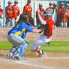 OUT AT THE PLATE: Central High catcher Alex Allen tags out a Waurika baserunner in the Bronchos’ 7-6 win Monday.