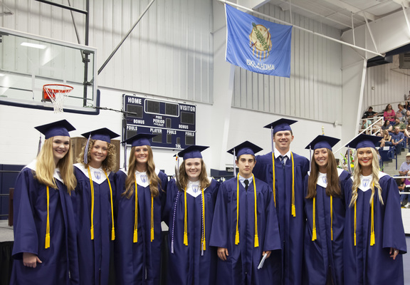 Marlow High School seniors earning gold chord status for academic excellence, for the Class of 2023: left to right: Morgan Warren, Haley McKinley, Erin Doughty, Marissa Krautbauer, James Stout, Avrey Payne, Whitney Wade and Marlow Latimer. 
Photo by Toni Hopper/The Marlow Review