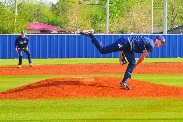 Avrey Payne pitches in the game against Pauls Valley, with the Outlaws at the top of the Clas 4A District 3 baseball standings. April 2022 File Photo/The Marlow Review