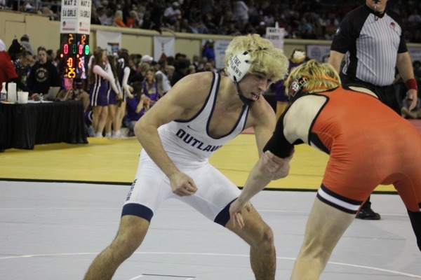Keller Kizarr, a junior at Marlow High School, wrestled into the 2nd place position during the 2024 OSSAA state championship event, held at the Jim Norick Center in Oklahoma City, Saturday, Feb. 24, 2024. Kizarr #132, won by a fall 26-5 in the quarterfinal round against Wyatt Cosby of Pawhuska. Kizarr also scored 16.0 team points. Photo by Debbie Green Brown/The Marlow Review
