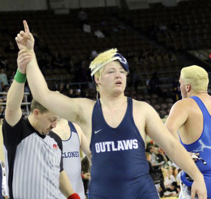 Brock Smith, a junior at Marlow High School, placed 3rd in his match (#215) and scored 13.5 team points at the OSSAA State Wrestling event at the Jim Norick Center in Oklahoma City, Saturday, Feb. 24, 2024. He won 34-11 by fall over Lane Gourley of Little Axe. Photo by Debbie Green Brown/The Marlow Review