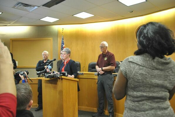 Duncan City Manager Kimberly Meek speaks at a press conference on Monday.