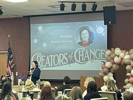 Oklahoma Senator Jessica Garvin addresses the crowd at Duncan Chamber of Commerce’s Women Forum, Friday, Nov. 4, 2022 in Duncan. The event focused on “Creators of Change” and Garvin was one of the speakers invited by the Chamber organization. (Photo Submitted from the office of Garvin)