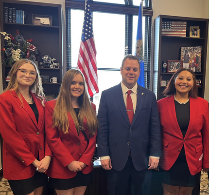 From left, Marlow High School students Lillie Morningstar, Emma Conway, and Mya Boyster, right, visit with Rep. Brad Boles of Marlow in his office at the Oklahoma State Capitol. The students attended FCS Day at the Capitol, Feb. 21. Photo submitted by Tamra May, MHS teacher