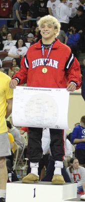 Eli Ramirez, a junior at Duncan High School, is a two-time state champion. This was his second year to capture the win at the 2024 Oklahoma State Wrestling event. He also grabbed the title at the 2023 event. Photo by Debbie Green Brown/The Marlow Review