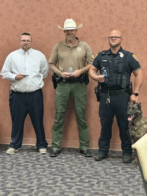 Also, Comanche Police Chief Cory Faulk received the Officer of the Year award, and Velma-Alma School Resource Officer Matt Purnell received the CARE award. Photo by Gina Olheiser with WMPN