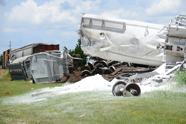 Crushed white rock covers the ground after a train derailment Sunday, June 4, 2023, in Marlow. Photo by Jeremy Hopper/The Marlow Review