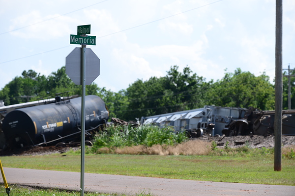 A view of the derailed train cars as seen from the intersection at Railroad and Memorial Streets, Sunday, June 4, 2023. Photo by Toni Hopper/The Marlow Review